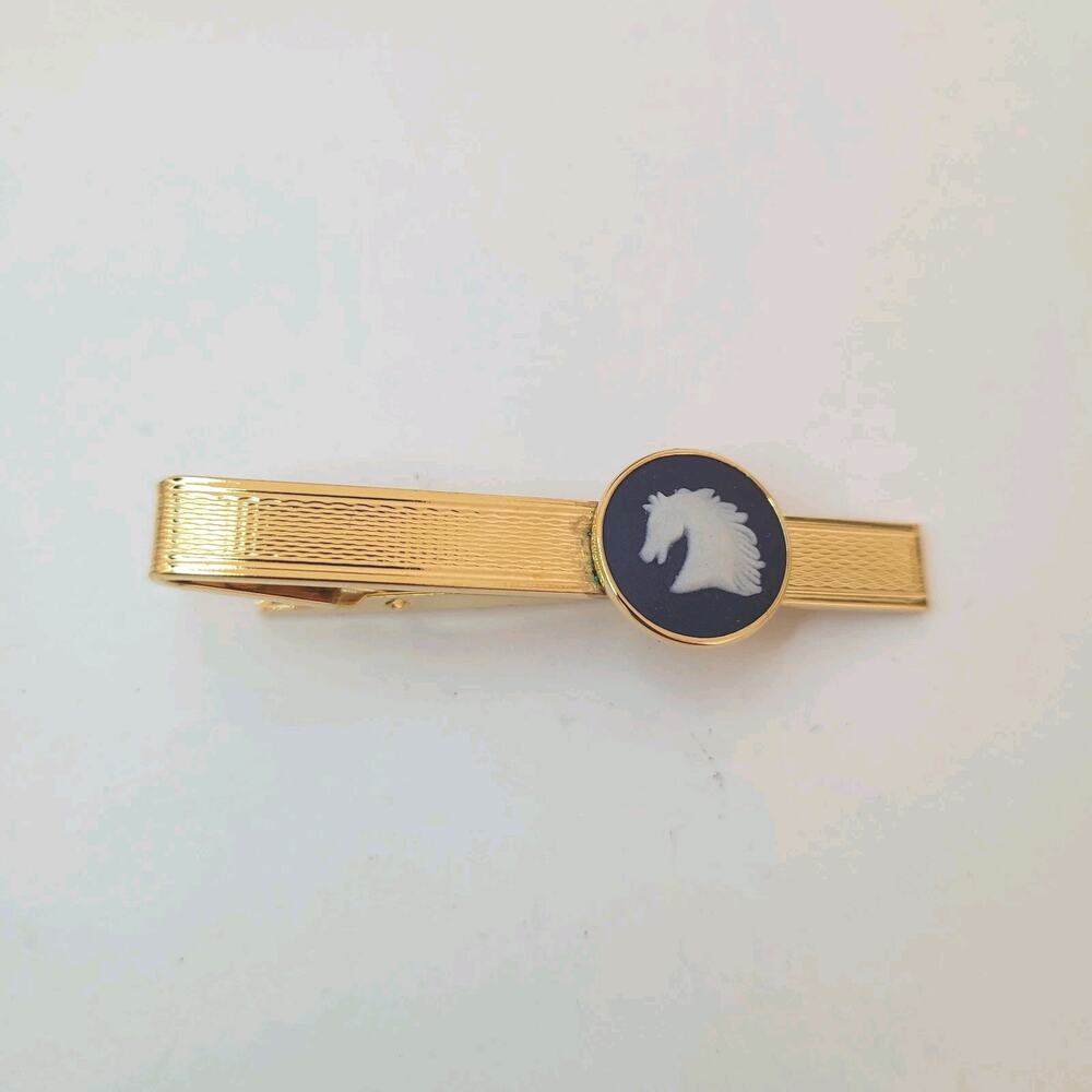 Wedgwood Gold Blue Tone Tie Bar Clip‎ with Jasper Horse Head Cameo Vintage Retro